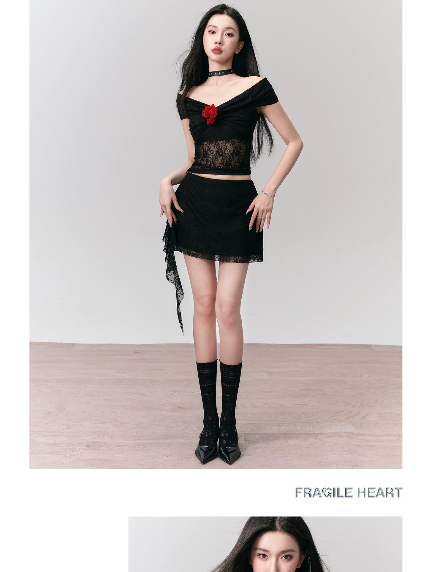 Rose Fitted Off-Shoulder Lace Top And Short Skirt