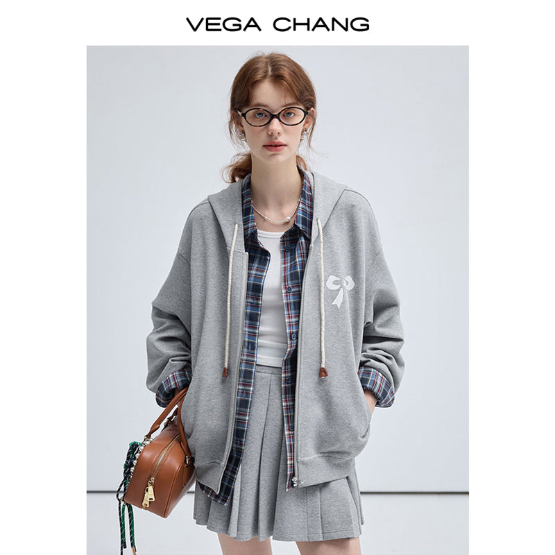 Bow Print Relax Fit Hoodie And Pleated Mini Skirt