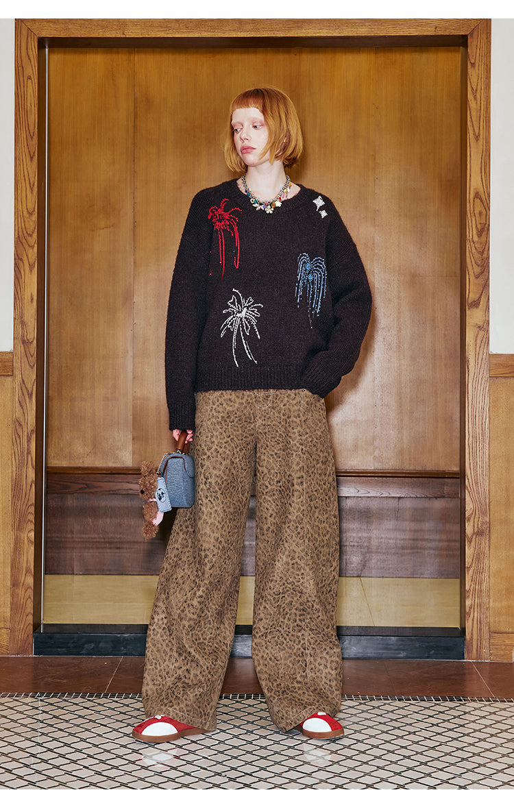 Colorful Beaded Fireworks Embroidery Sweater