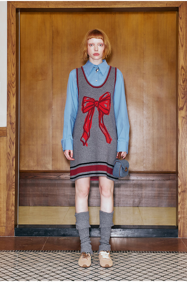 Hand-Drawn Style Bow Knit Vest Short Dress