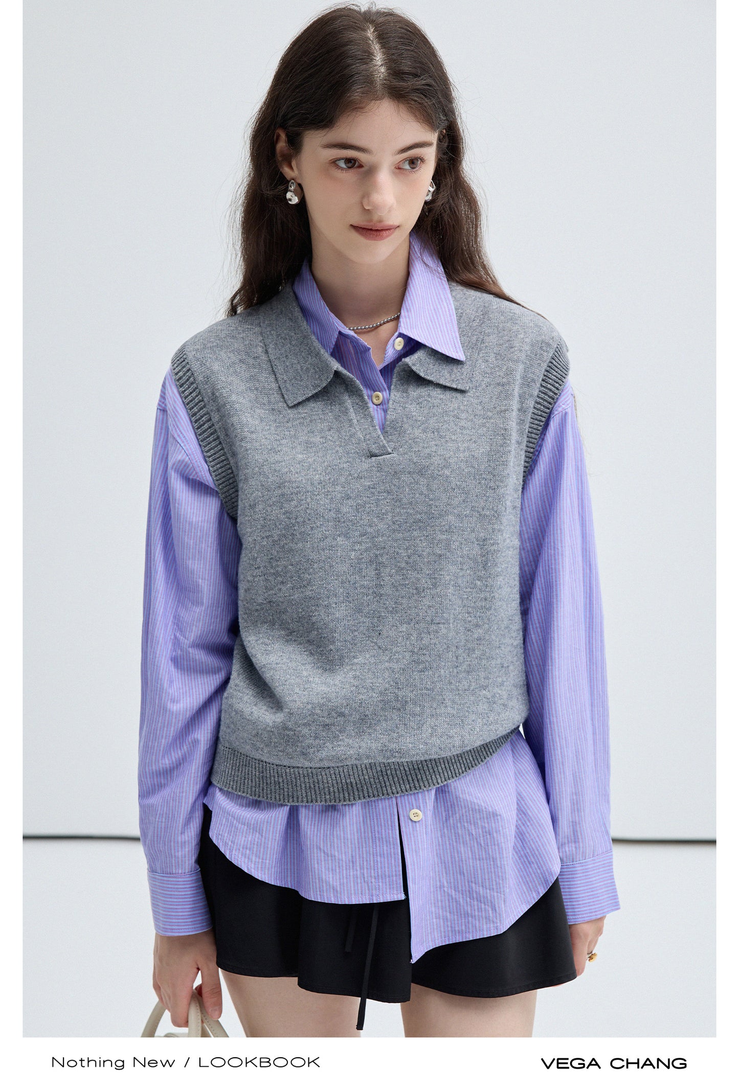 Wool Blend Wide Shoulder Polo Neck Vest