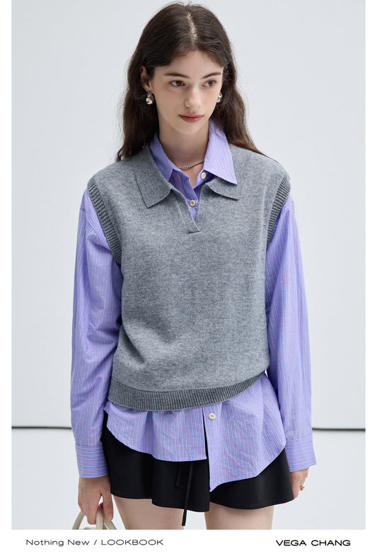 Wool Blend Wide Shoulder Polo Neck Vest