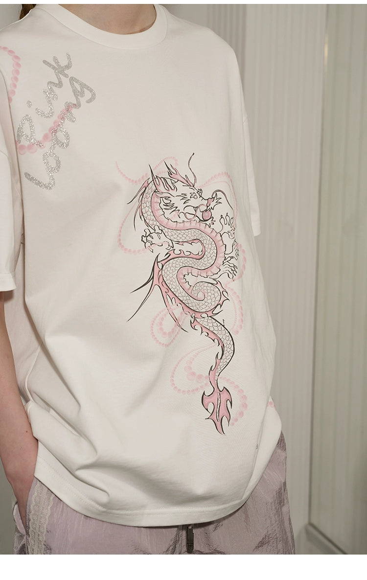 Glitter Lettered Dragon Print Oversized T-Shirt