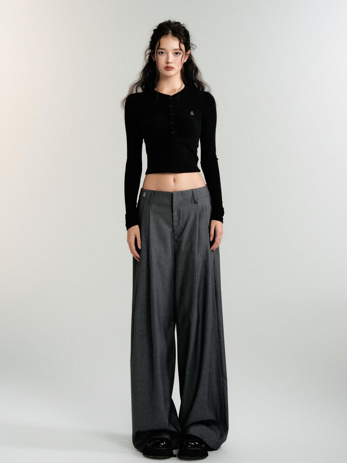 Henley Neck Slim Fit Cropped Knit T-Shirt
