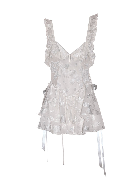 Floral Jacquard Ruffle Short Tiered Open Back Dress