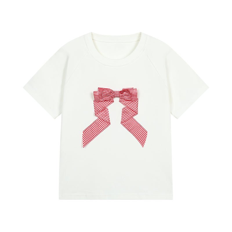 Checkered Three Dimensional Bow Round Neck T-Shirt