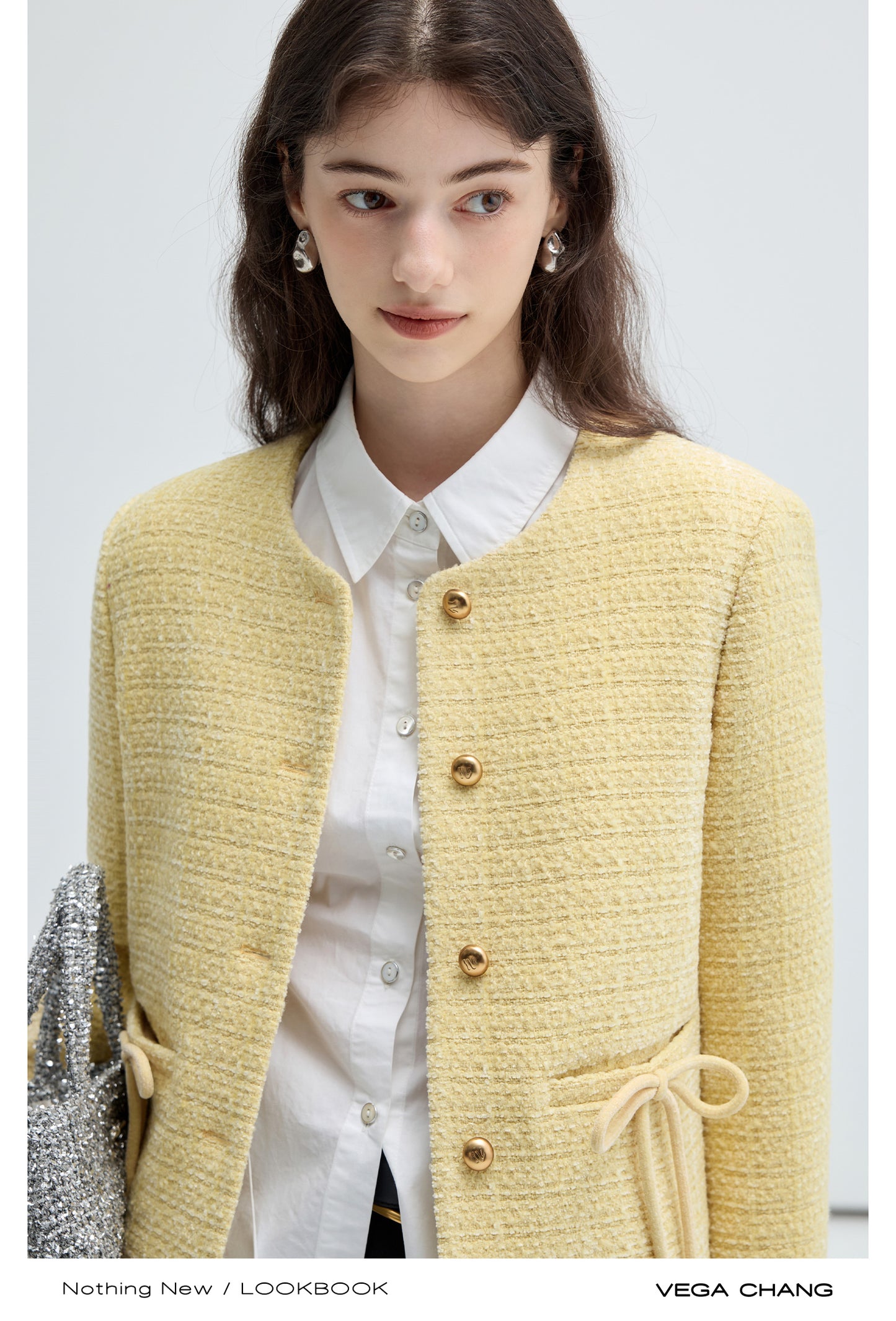 Bow Detail Collarless Tweed Wool Blend Jacket