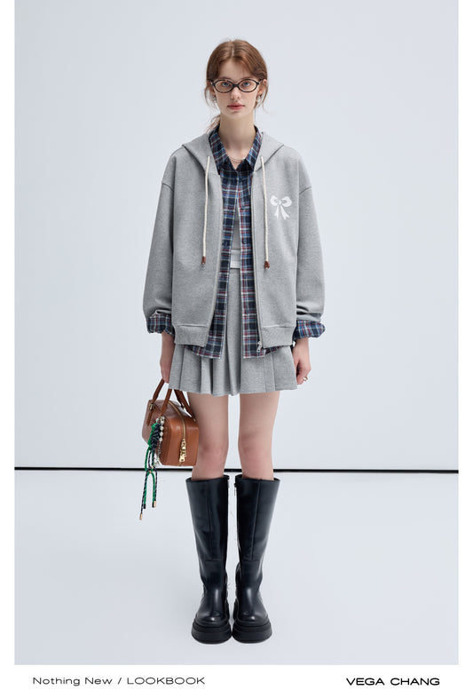 Bow Print Relax Fit Hoodie And Pleated Mini Skirt