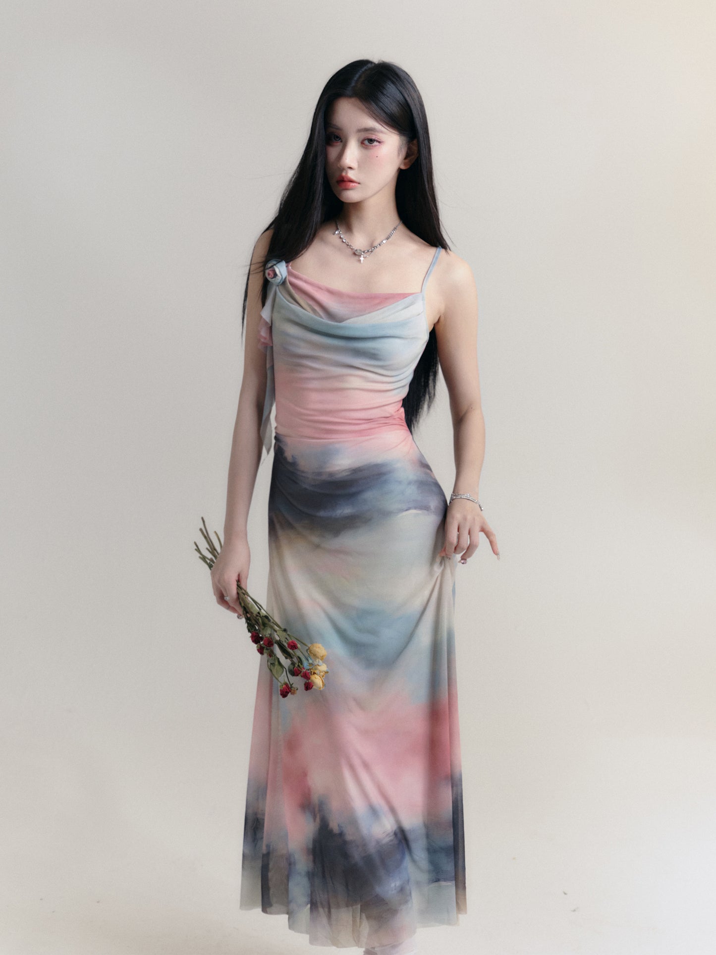 Vibrant Gradient Flower Drape Strapped Dress
