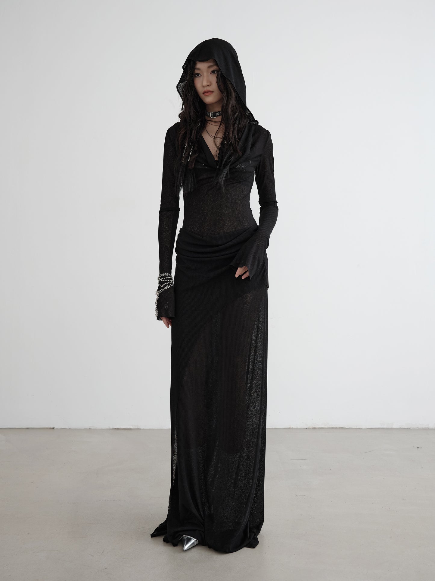 Hooded Sheer Rib Knit Faux Two-Piece Drape Dress