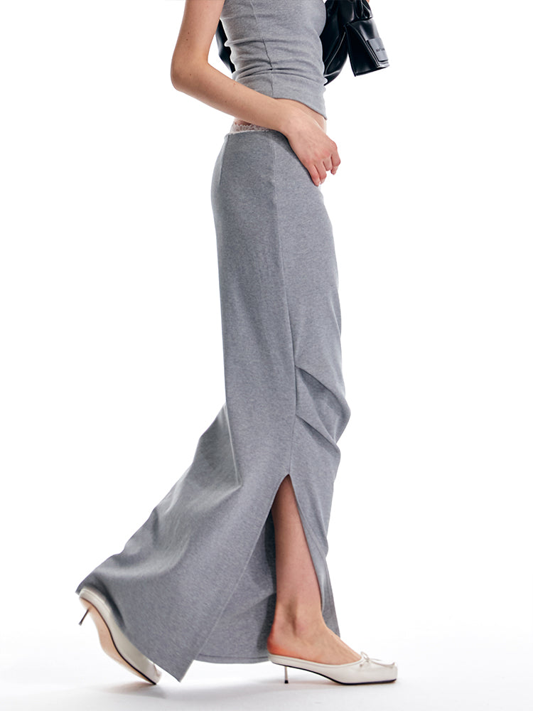 Lace Trimmed Elastic Low Waist Long Slit Skirt