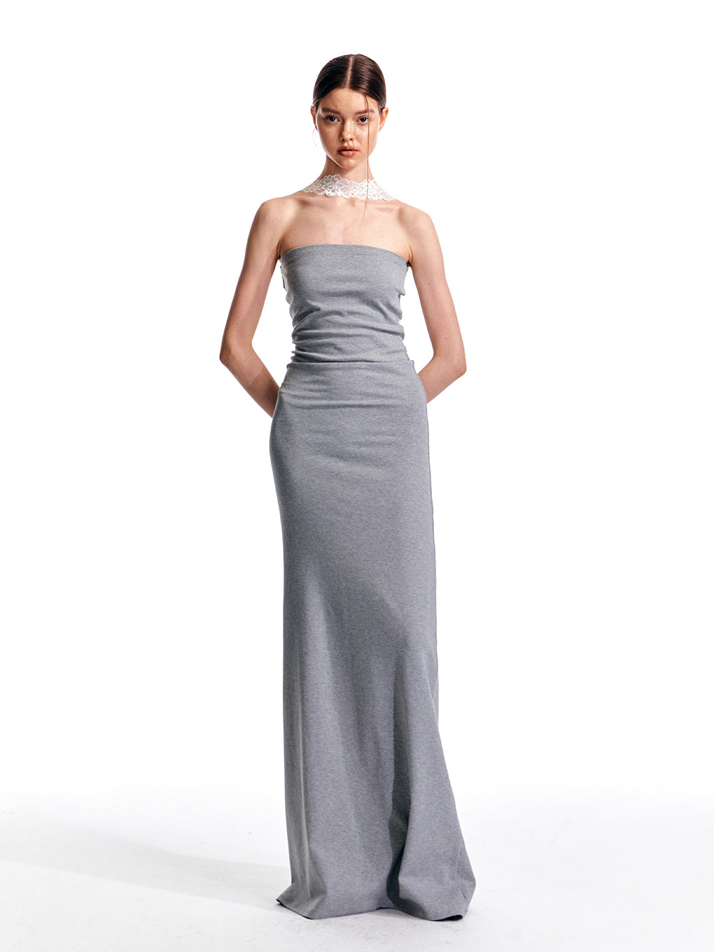 Lace Neck Band Cotton Tube Top Floor-Length Dress