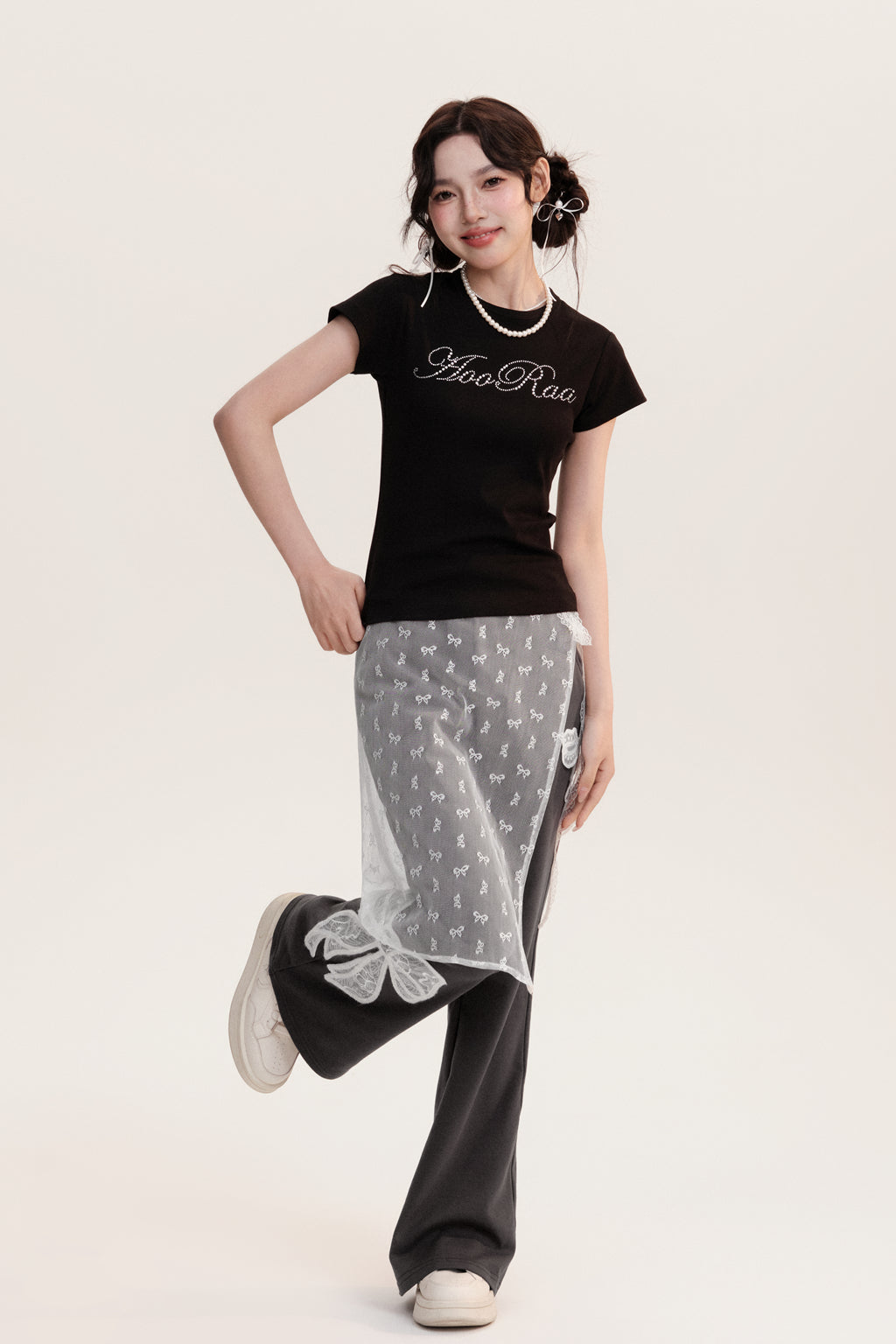 Bow Patterned Sheer Wrap Lace Apron Skirt