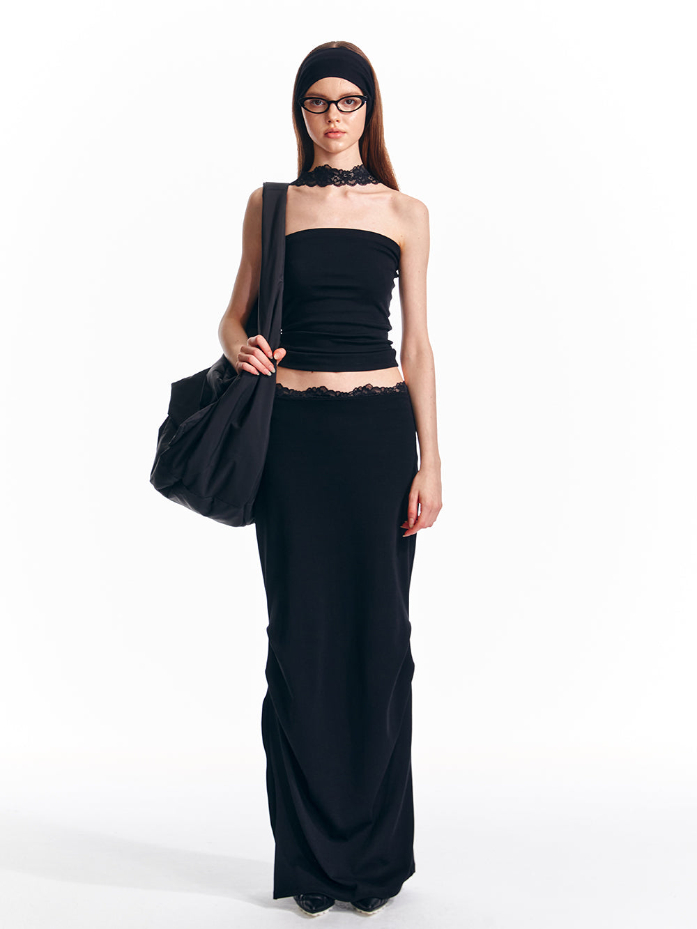 Lace Trimmed Elastic Low Waist Long Slit Skirt