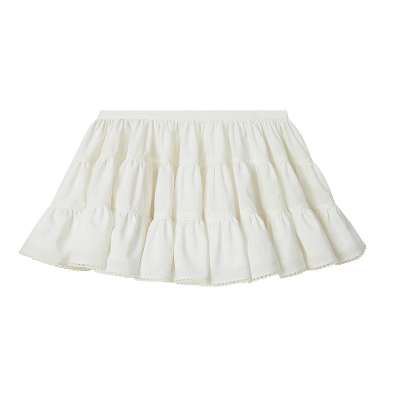 Mid Rise Lace Trim Ruched Tiered Mini Skirt