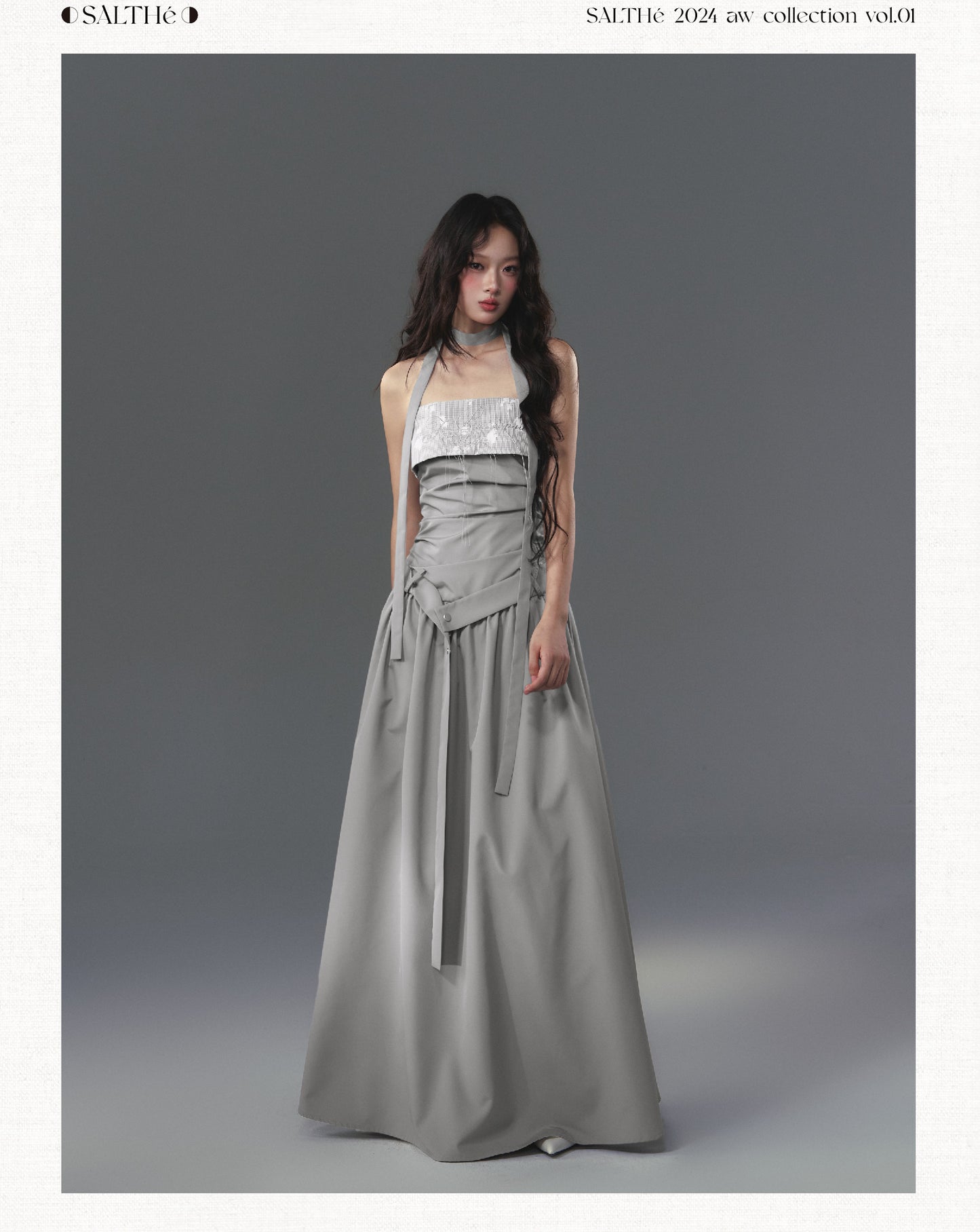 Embroidered Ruched Dress With Neckband And Belt