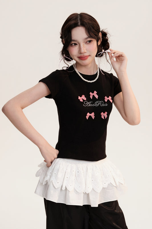 Bow Motif Letter Round Neck Comfortable T-Shirt