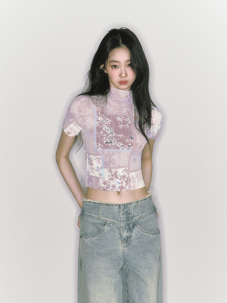 High Neck Fitted Elastic T-Shirt In Two Patterns