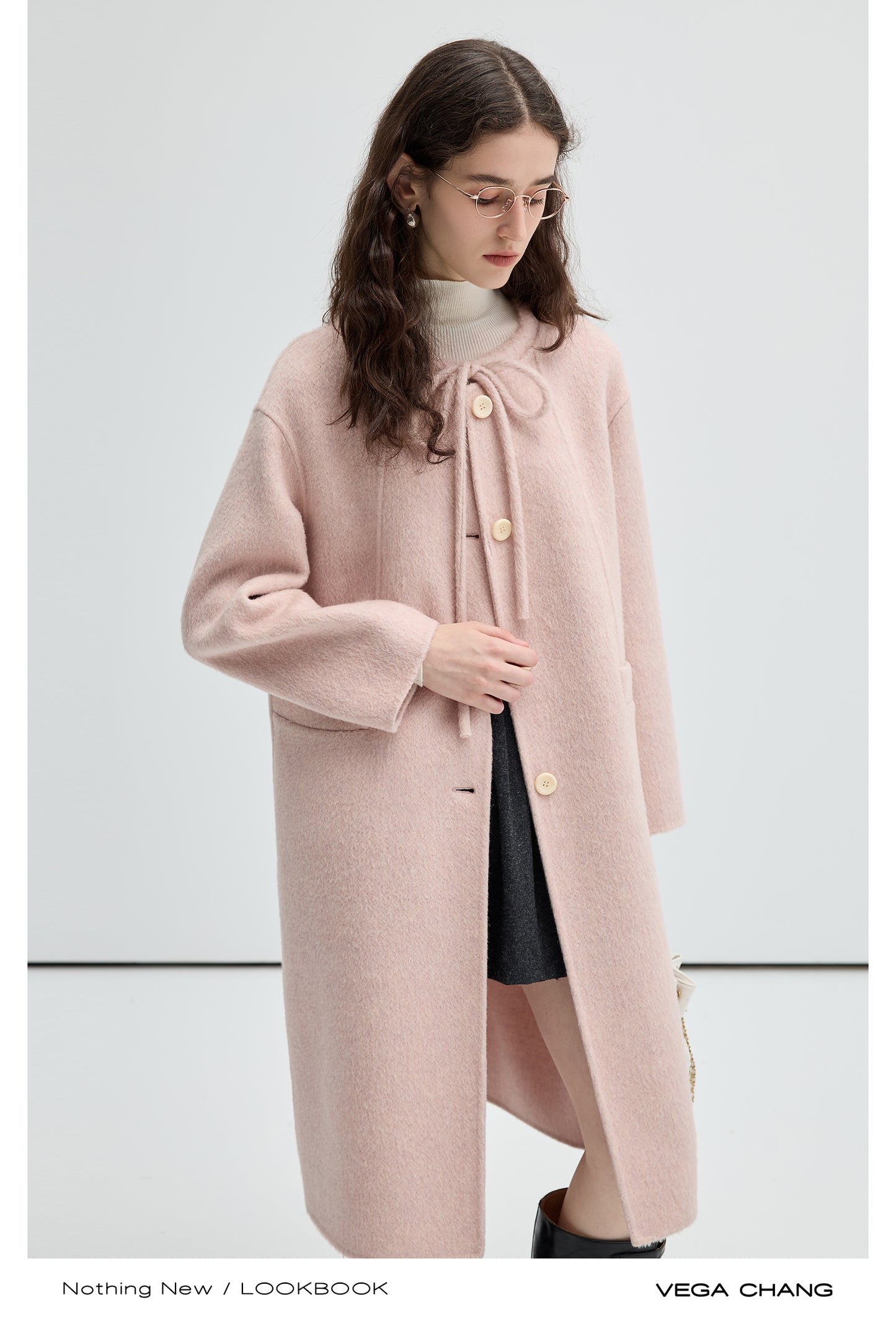 Wool-Silk Blend Collarless Tie Neck Coat