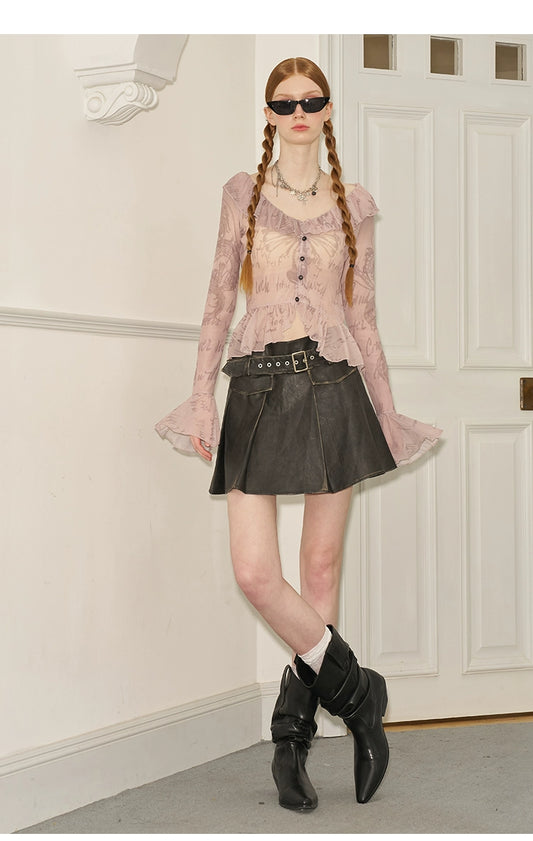 Graffiti Print Ruffled Button Down Elastic Mesh Top