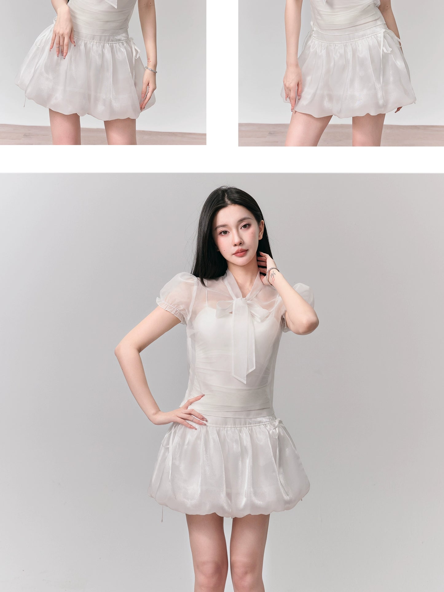 Puff Sleeve Organza Bow Tie Blouse and Mini Bubble Skirt