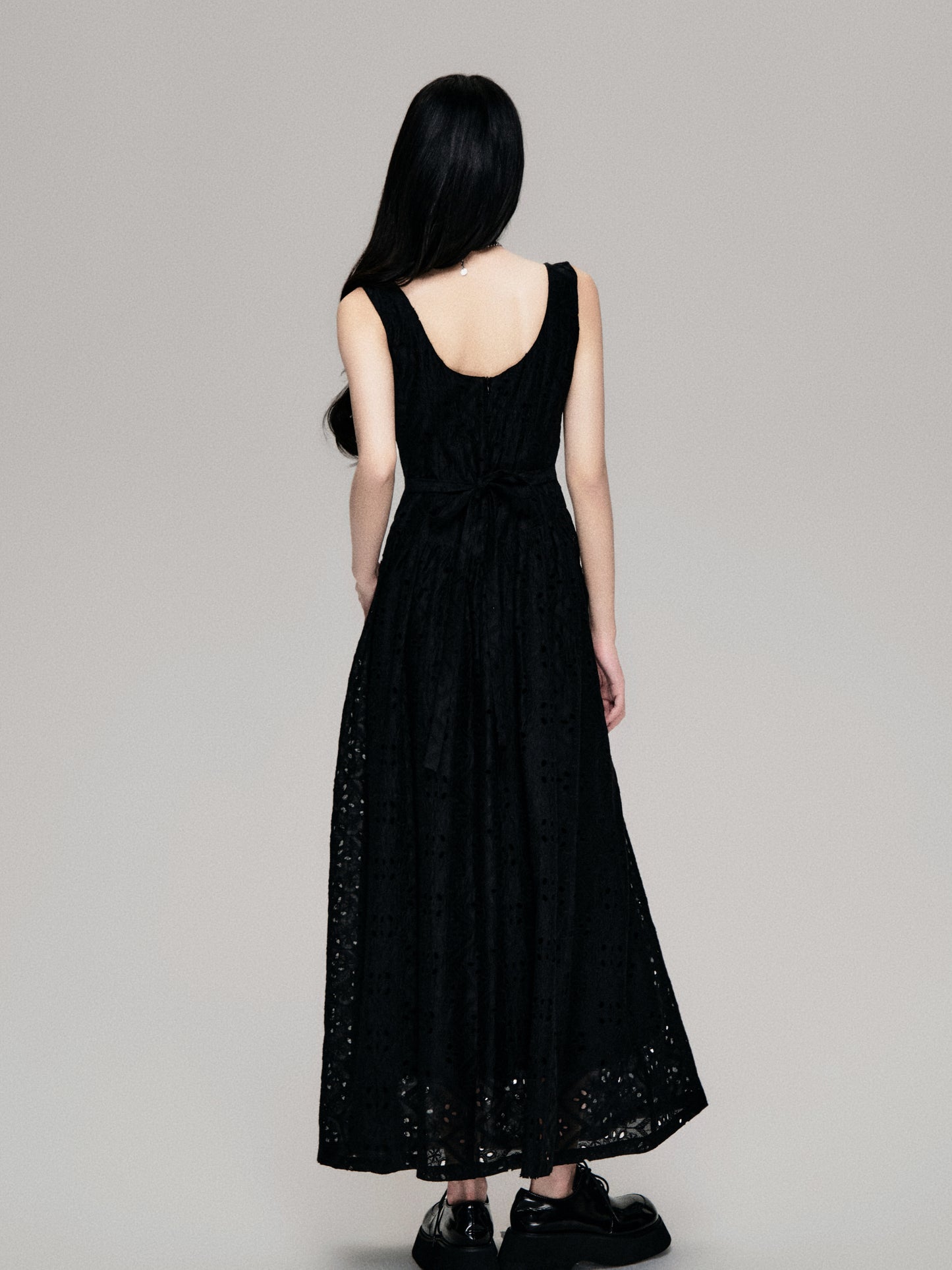 Eyelet Embroidered Lace Gathered Neck Long Dress
