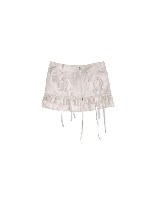Decorative Ribbon Frilled Satin Zip Mini Skirt