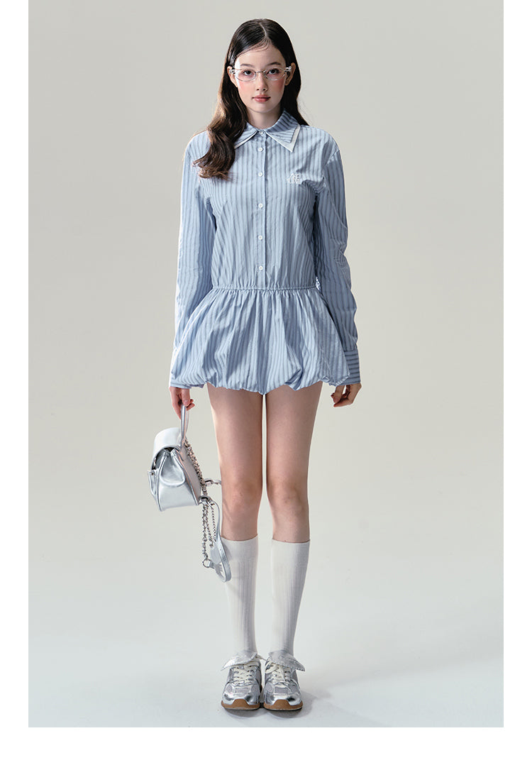 Layered Collar Glitter Striped Balloon Shirt Dress