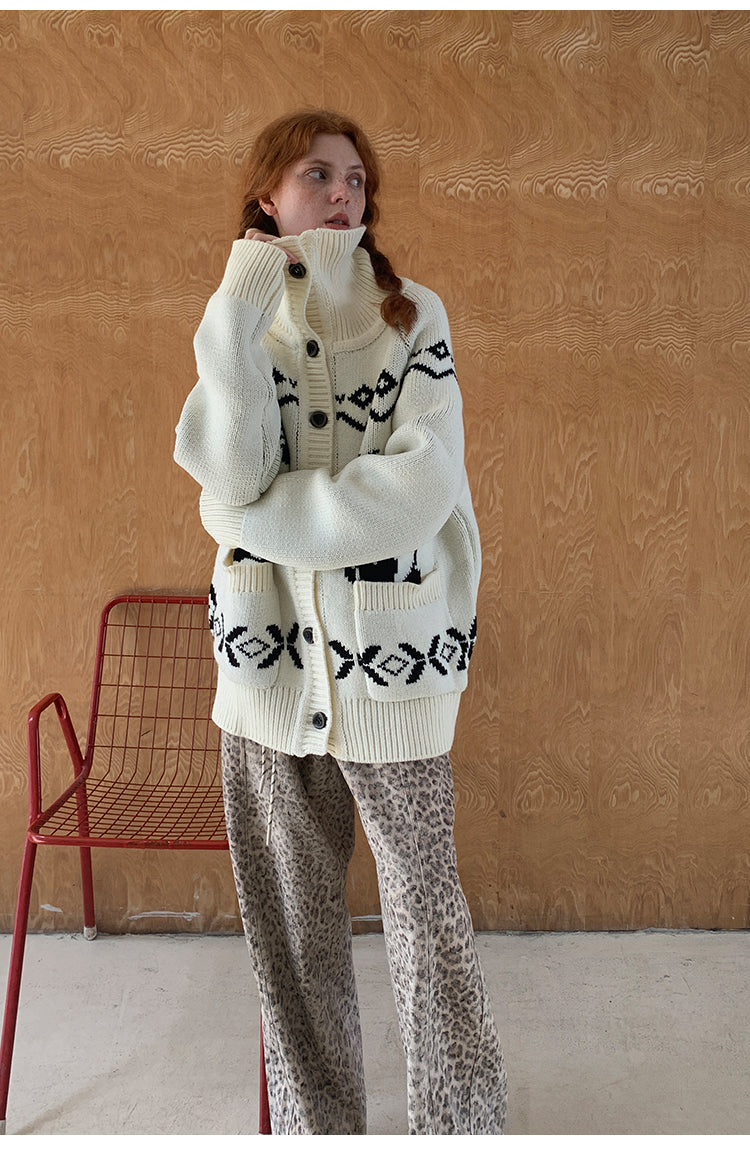 High Neck Panda Contrast Knitted Cardigan