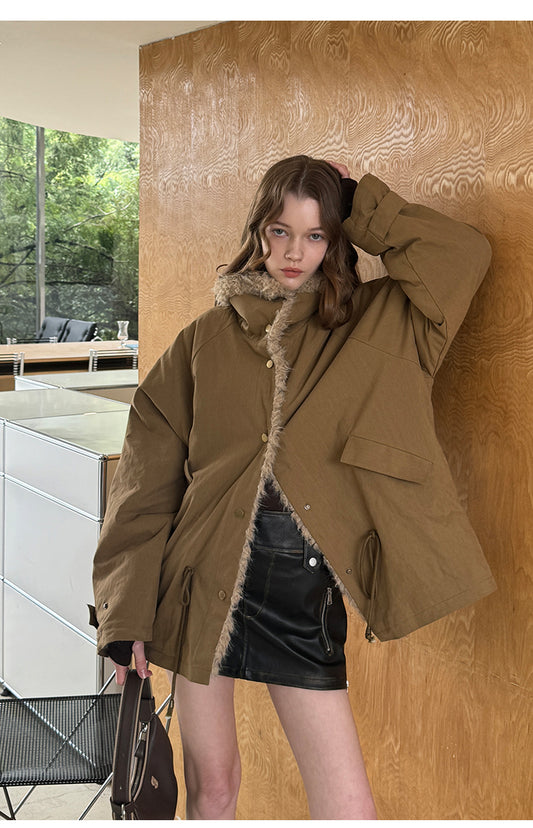 Drawstring Waist Faux Fur Lined Jacket