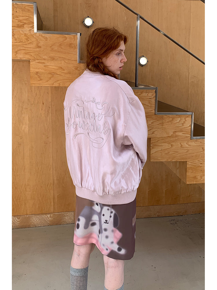 Bow Motif Letter Embroidered Bomber Jacket