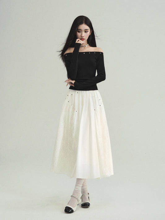 Studded Off Shoulder Top And Lace Patched Skirt