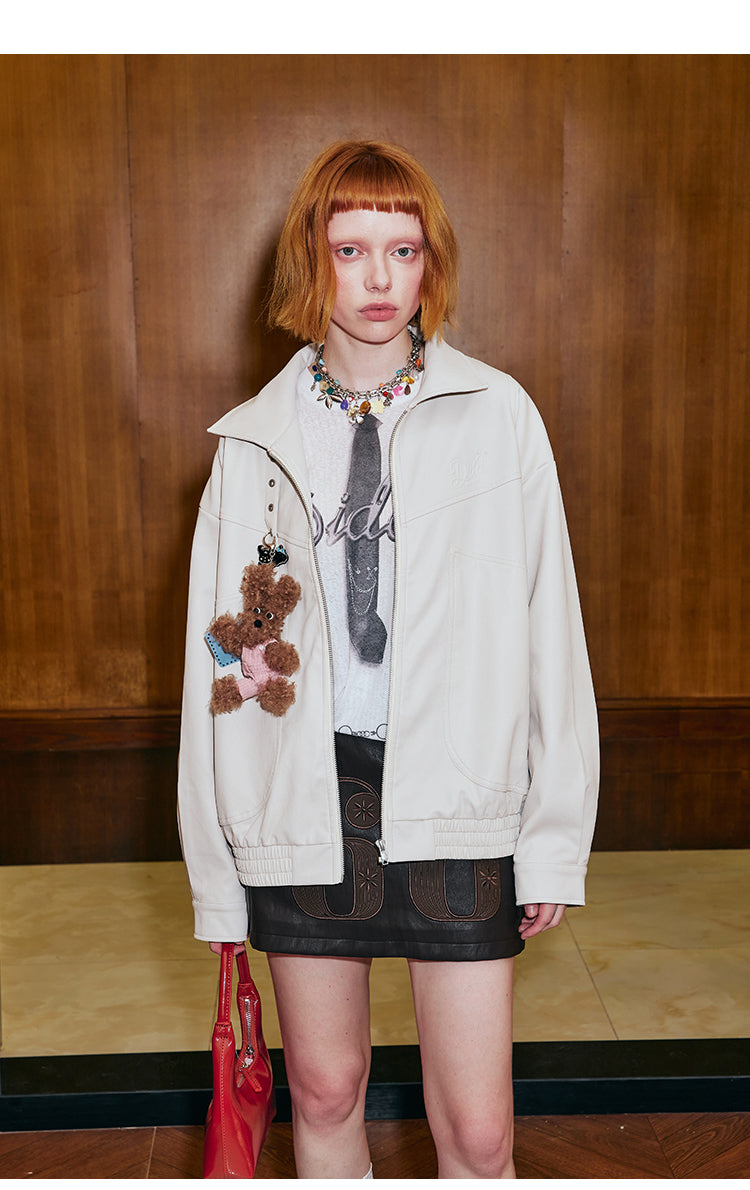 Embossed Bow Relaxed Fit Faux Leather Jacket