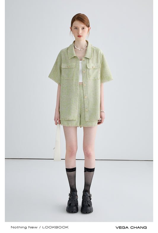 Fringed Woven Fabric Shirt And Matching Shorts