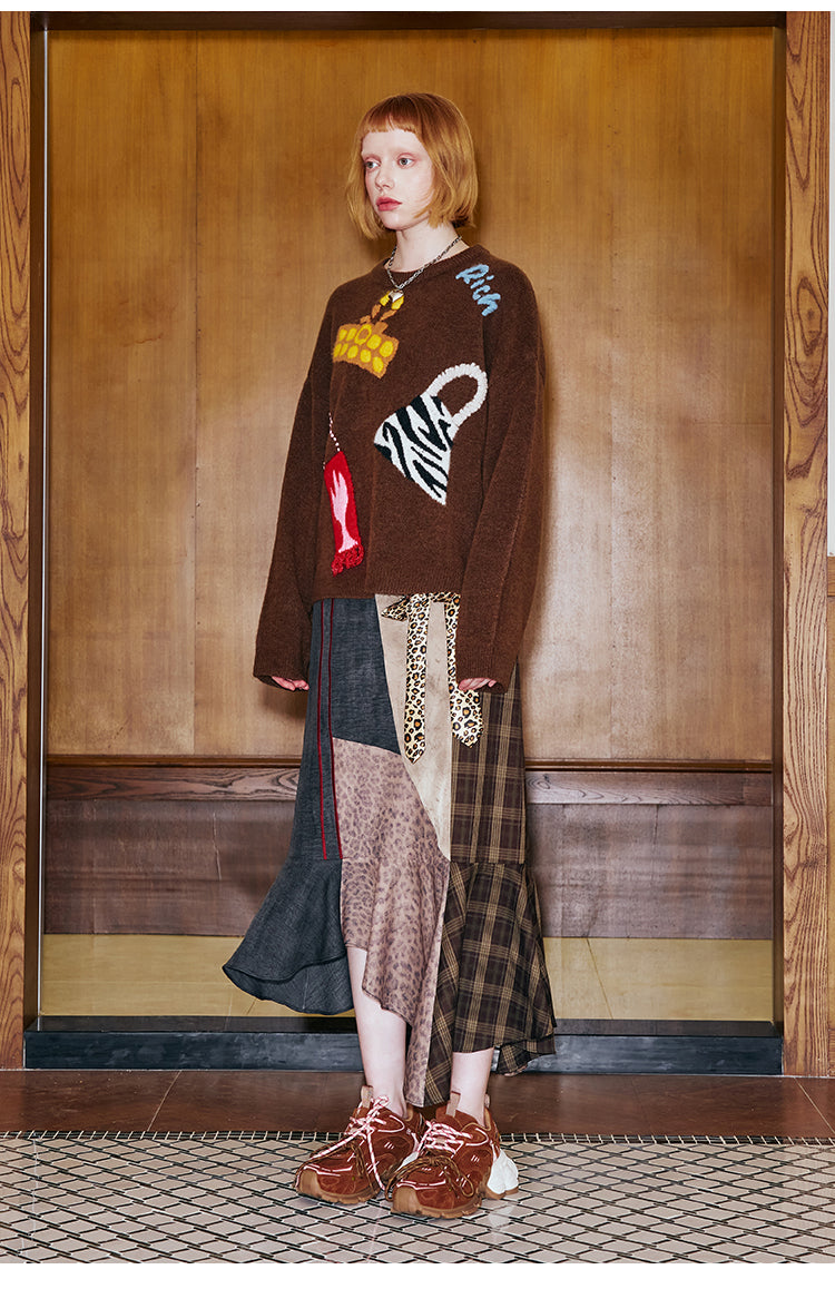 Asymmetric Zip-Up Patchwork Long Skirt