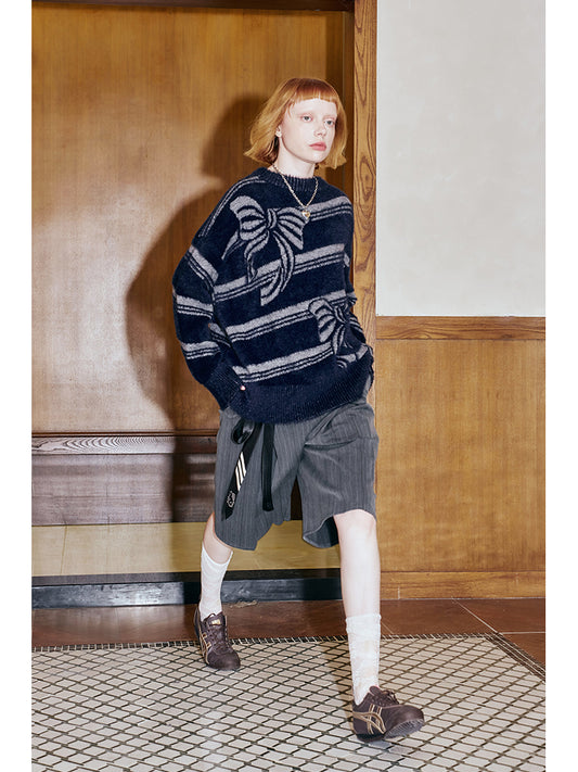 Double Waist Stripe Pleated Wide-Leg Culottes