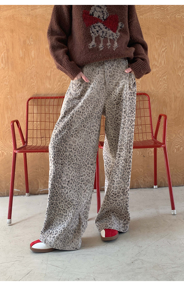 Mid Rise Straight Wide Leg Pants In Leopard, Plain