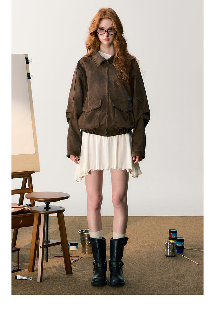 Faux Leather Pinched Sleeve Zip-Up Jacket