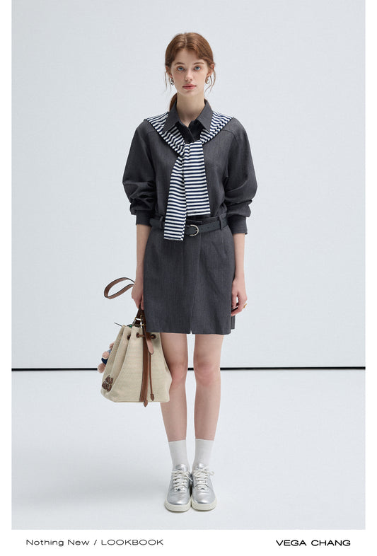 Faux Two-Piece Plain Short Twill Dress