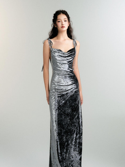 Velvet Flowing Open Back Evening Strap Dress
