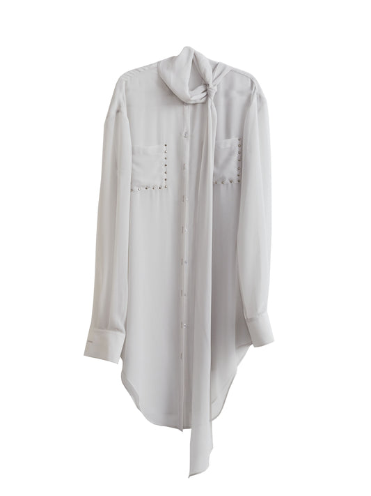 Bow Scarf Studded Sheer Long Chiffon Shirt