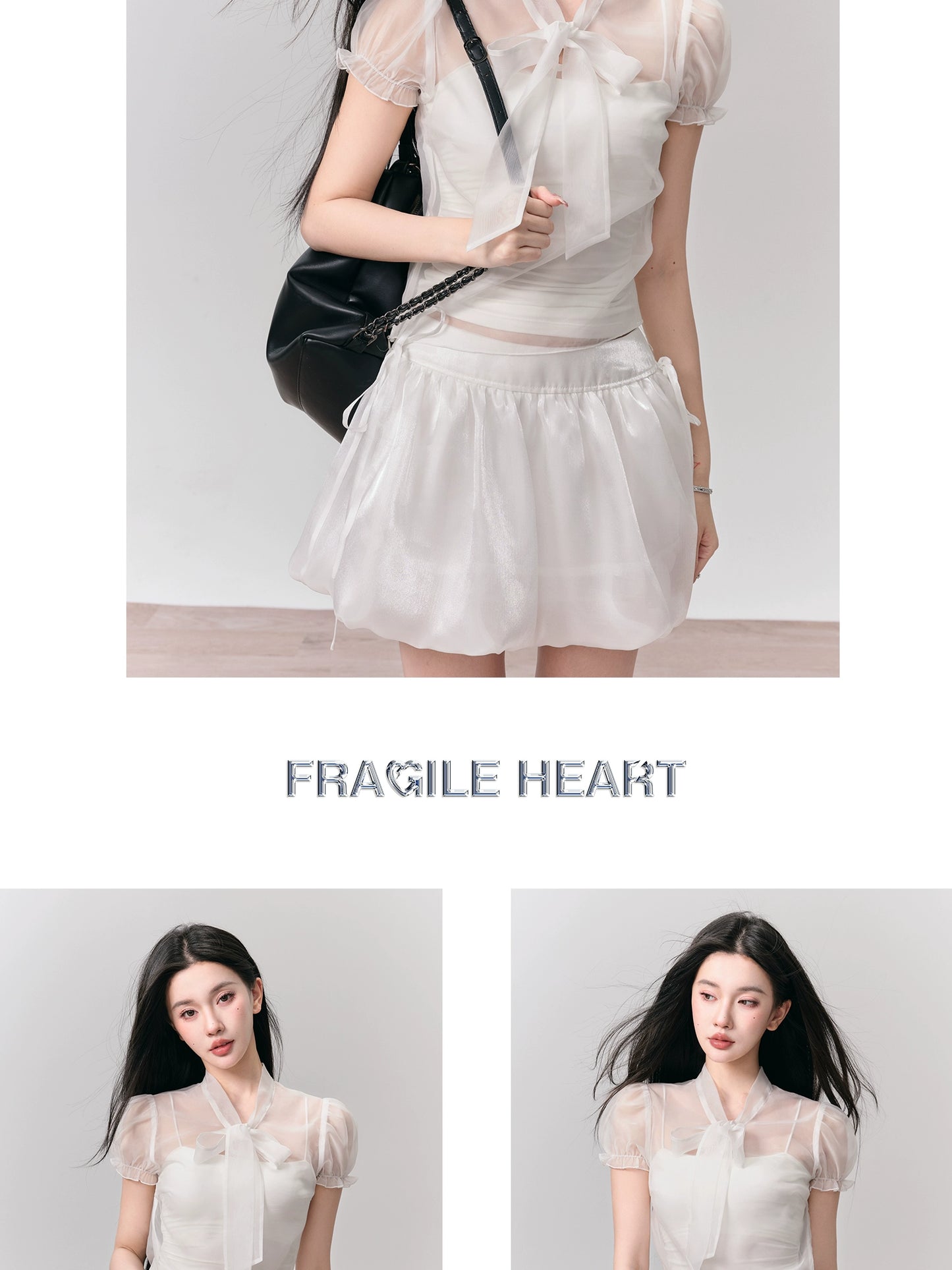 Puff Sleeve Organza Bow Tie Blouse and Mini Bubble Skirt