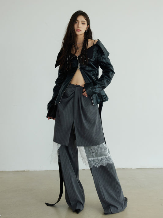 Double Zip Faux Leather Jacket With Large Lapels