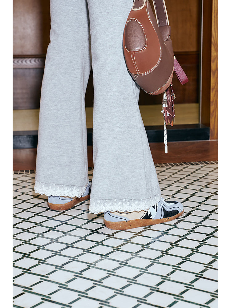 Lace Trim Flared Sweat Pants With Skirt Overlay
