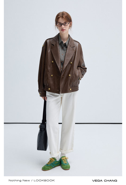 Faux Leather Notched Collar Short Jacket