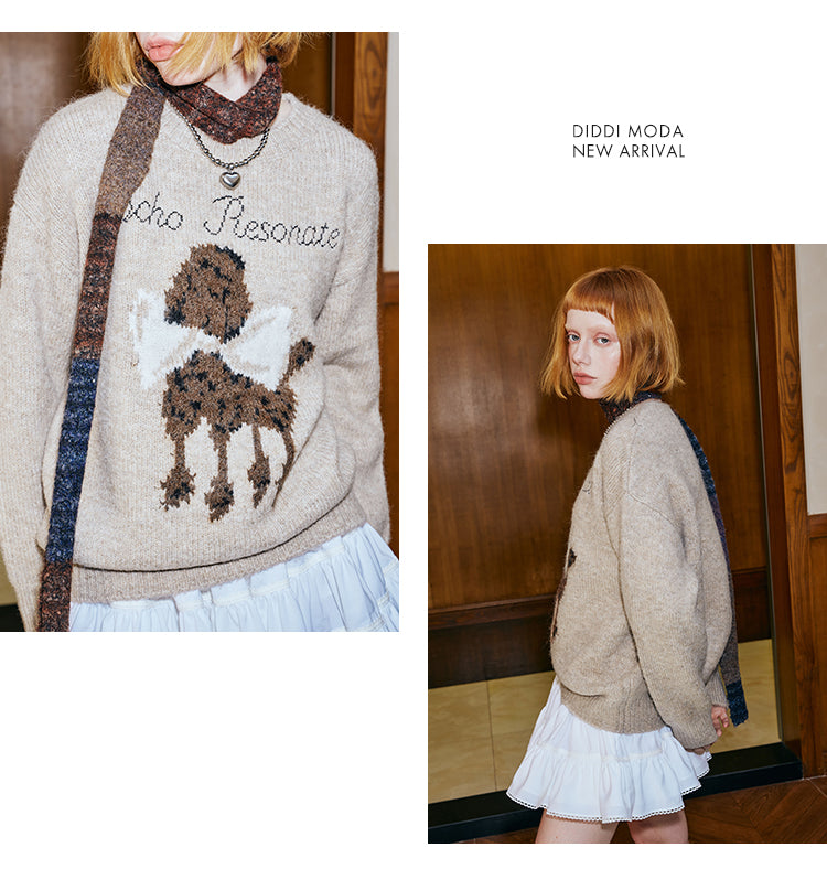 Wool Blend Dog And Bow Knit Pullover