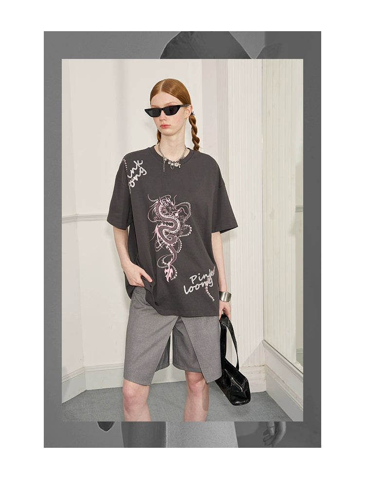 Glitter Lettered Dragon Print Oversized T-Shirt