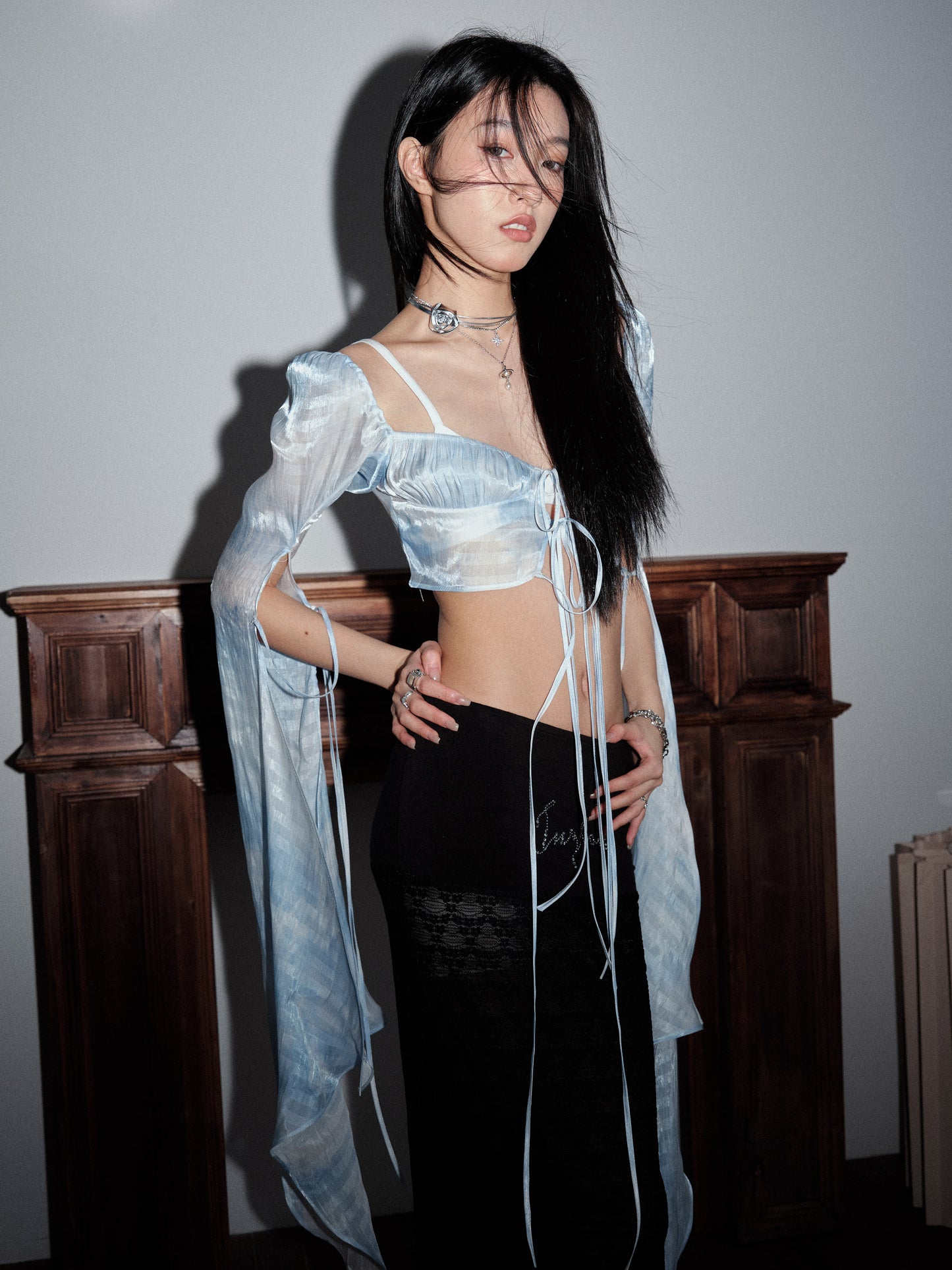 Lace-Up Front Extended Sleeve Flowing Cropped Top