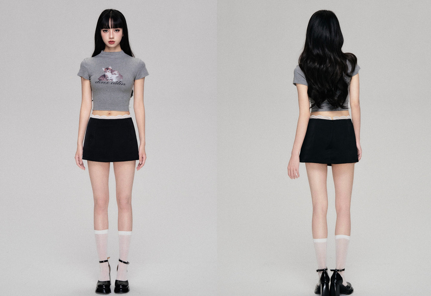 Lace Trimmed Low Waist Satin Mini Skirt