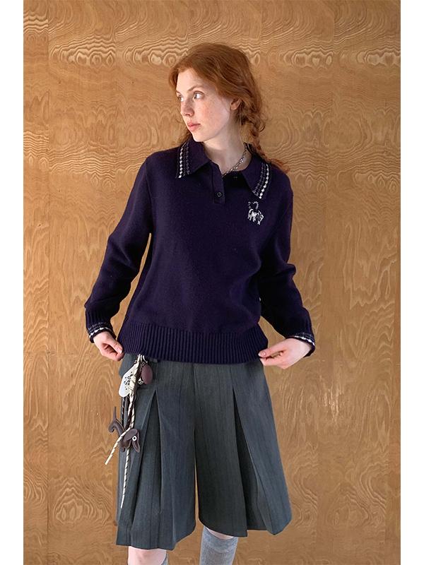 Cat Heart Embroidery Tipping Polo Knit Sweater